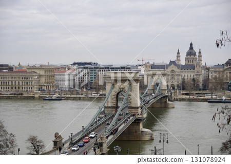 Budapest, Hungary, March 3, 2019: Szechenyi Chain Bridge over the Danube River Budapest, Hungary, March 3, 2019: Szechenyi Chain Bridge over the Danube River 131078924