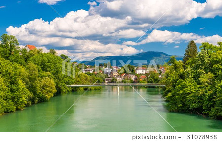 View of the Krka River in the city of Novo Mesto, Slovenia 131078938