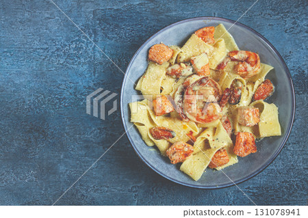 papardelle pasta in creamy sauce with seafood, homemade, no people, 131078941
