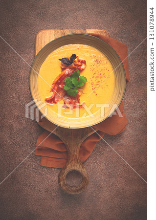 Pumpkin cream soup, curry, fried bacon,, top view, no people, Pumpkin cream soup, curry, fried bacon,, top view, no people, 131078944