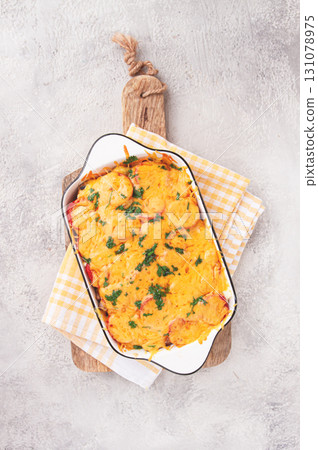 Madame Bovary's Georgian dish, chicken fillet with mushrooms, tomatoes and cheese, baked in a mold, Madame Bovary's Georgian dish, chicken fillet with mushrooms, tomatoes and cheese, baked in a mold, 131078975