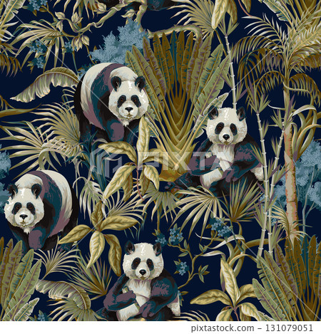 Seamless Jungle Panda Pattern Featuring Tropical Foliage and Exotic Wildlife Illustration Art Seamless Jungle Panda Pattern Featuring Tropical Foliage and Exotic Wildlife Illustration Art 131079051