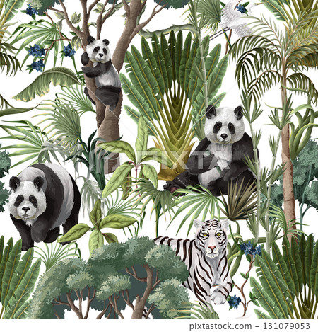 Seamless Jungle Panda Pattern Featuring Tropical Foliage and Exotic Wildlife Illustration Art 131079053