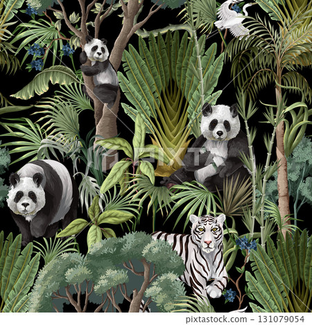 Seamless Jungle Panda Pattern Featuring Tropical Foliage and Exotic Wildlife Illustration Art 131079054