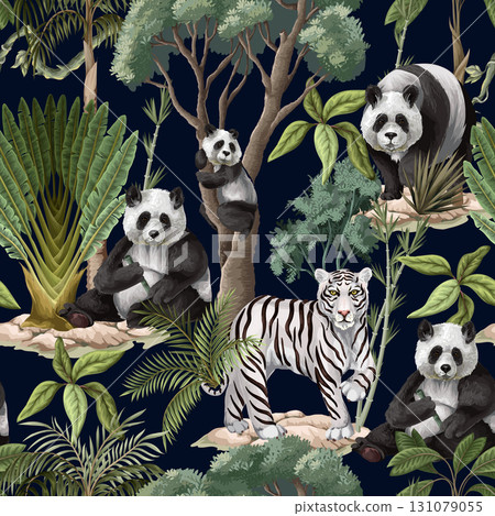 Seamless Jungle Panda Pattern Featuring Tropical Foliage and Exotic Wildlife Illustration Art Seamless Jungle Panda Pattern Featuring Tropical Foliage and Exotic Wildlife Illustration Art 131079055