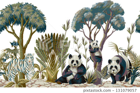 Tropical Jungle Mural with Pandas and White Tiger in Lush Greenery Scene 131079057