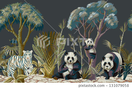 Tropical Jungle Mural with Pandas and White Tiger in Lush Greenery Scene 131079058
