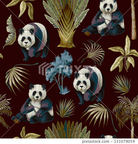 Seamless Jungle Panda Pattern Featuring Tropical Foliage and Exotic Wildlife Illustration Art 131079059