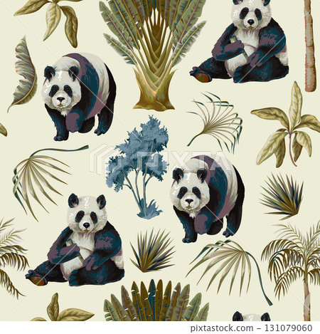 Seamless Jungle Panda Pattern Featuring Tropical Foliage and Exotic Wildlife Illustration Art 131079060