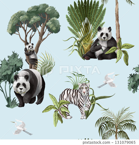 Seamless Jungle Panda Pattern Featuring Tropical Foliage and Exotic Wildlife Illustration Art Seamless Jungle Panda Pattern Featuring Tropical Foliage and Exotic Wildlife Illustration Art 131079065