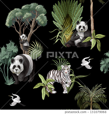 Seamless Jungle Panda Pattern Featuring Tropical Foliage and Exotic Wildlife Illustration Art 131079068