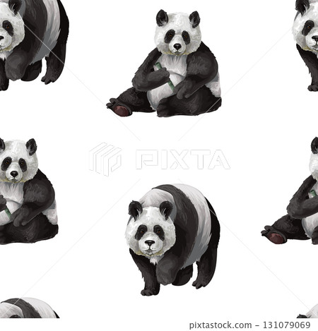Seamless Panda Pattern Featuring Playful Adorable Bamboo-Eating Pandas High-Resolution 131079069