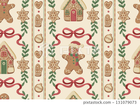 Christmas gingerbread gingerman bow seamless pattern with cookies stars hearts mittens holiday decoration 131079073