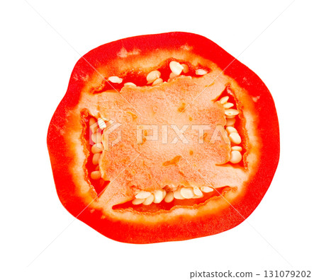 Sweet round peppers isolated on white background. Ripe round red paprika. Clipping path. Top view. 131079202