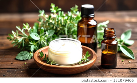 An earthy arrangement captures amber bottles alongside a creamy lotion in a wooden bowl, complemented by fresh herbs, evoking a natural and holistic ambiance perfect for wellness. 131079406