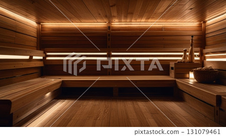 A beautifully designed sauna interior with smooth wood finishes, illuminated benches, and a cozy ambiance, perfect for relaxation and detoxification in a tranquil setting. 131079461