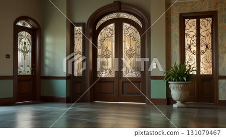 An ornate entrance featuring elaborate wooden doors with stained glass, surrounded by decorative elements and potted plants, showcasing an inviting and stylish design. 131079467