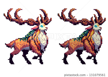 A detailed pixel art scene depicts a majestic creature of a magical deer with large antlers. 131079561