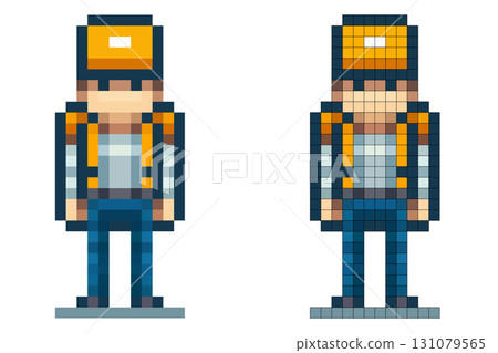 A pixel art character stands still with an orange cap and backpack. This character appears ready for adventure, showcasing a vibrant design against a simple background 131079565