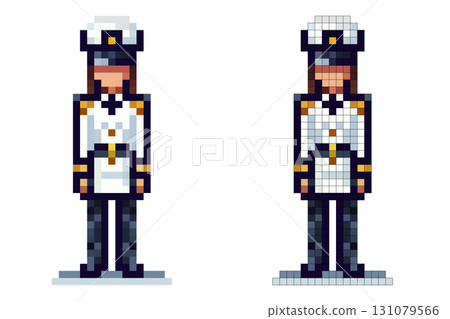 A female officer dressed in a formal white uniform with navy blue details and gold accents stands upright. The artwork is in pixel art style, showcasing a classic military look 131079566