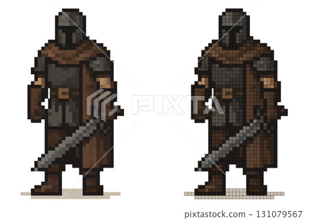 A pixel art character wearing dark armor and a cloak stands confidently, gripping a sword. The warrior is designed in a retro style, suggesting a video game theme 131079567