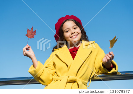 No rush. good weather mood. parisian girl trendy look. school time. maple syrup. canada. happy small girl. autumn kid fashion. child maple leaf. kid in french beret. leaf fall. favorite season No rush. good weather mood. parisian girl trendy look. school time. maple syrup. canada. happy small girl. autumn kid fashion. child maple leaf. kid in french beret. leaf fall. favorite season 131079577