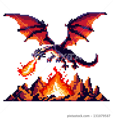 A dragon with fiery wings breathes flames while flying over a mountain landscape. This pixel art scene captures the energy of the creature and the flames below, showcasing vivid colors A dragon with fiery wings breathes flames while flying over a mountain landscape. This pixel art scene captures the energy of the creature and the flames below, showcasing vivid colors 131079587
