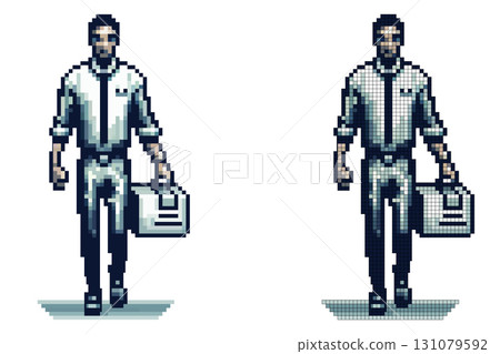 A businessman dressed in formal attire walks purposefully down a city street. He carries a briefcase and appears focused, showcasing a vibrant pixel art style during daytime 131079592