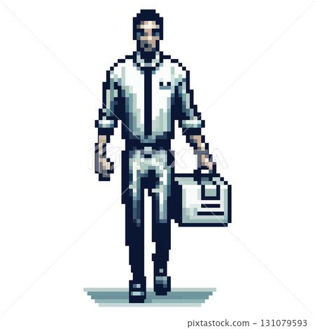 A businessman dressed in formal attire walks purposefully down a city street. He carries a briefcase and appears focused, showcasing a vibrant pixel art style during daytime 131079593