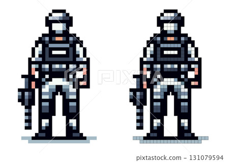 A pixel art character stands in tactical gear, holding a futuristic weapon. The digital figure displays a unique design, embodying the essence of retro gaming graphics 131079594