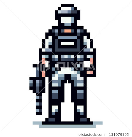 A pixel art character stands in tactical gear, holding a futuristic weapon. The digital figure displays a unique design, embodying the essence of retro gaming graphics 131079595