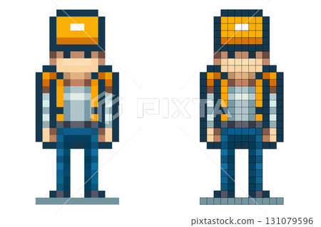 A pixel art character stands still with an orange cap and backpack. This character appears ready for adventure, showcasing a vibrant design against a simple background A pixel art character stands still with an orange cap and backpack. This character appears ready for adventure, showcasing a vibrant design against a simple background 131079596