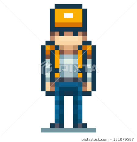 A pixel art character stands still with an orange cap and backpack. This character appears ready for adventure, showcasing a vibrant design against a simple background 131079597