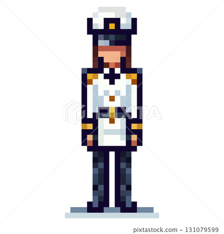 A female officer dressed in a formal white uniform with navy blue details and gold accents stands upright. The artwork is in pixel art style, showcasing a classic military look A female officer dressed in a formal white uniform with navy blue details and gold accents stands upright. The artwork is in pixel art style, showcasing a classic military look 131079599
