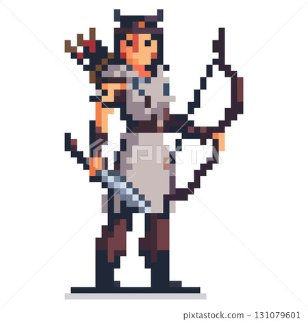 This pixel art features a female archer standing confidently with a bow and quiver. She wears a simple outfit and holds a sword, set against a neutral background suggesting a fantasy theme 131079601