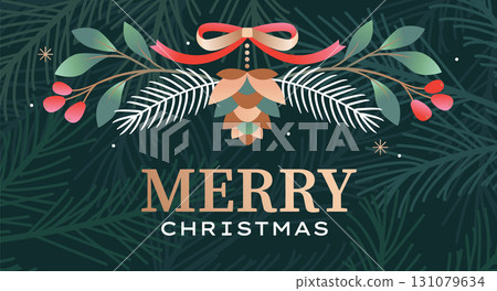 Christmas horizontal greeting card with mistletoe, red berries and wishing happy holiday on coniferous background. Template design for flyer, web, posters, banners, social media. Vector illustration Christmas horizontal greeting card with mistletoe, red berries and wishing happy holiday on coniferous background. Template design for flyer, web, posters, banners, social media. Vector illustration 131079634