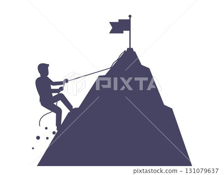 Black silhouette of a rock climber climbing a mountain. 131079637