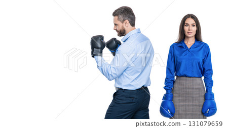 business competition. corporate competition between business partners. businesspeople ready to fight. working competition. businesspeople in gloves isolated on white. conflict over responsibility 131079659