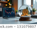 Bitcoin in a snow globe, a laptop with exchange charts on the table 131079807