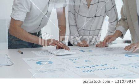Professional team reviewing financial charts and graphs, working together in modern office space, developing strategic improvements. Business people concept Professional team reviewing financial charts and graphs, working together in modern office space, developing strategic improvements. Business people concept 131079914