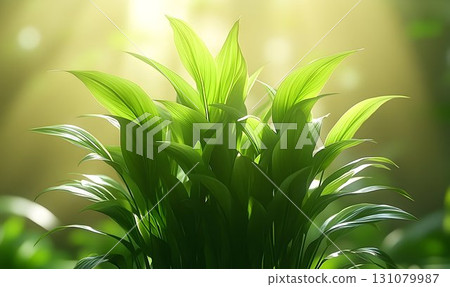 Lush Green Plant Radiating Light, Close-Up Botanical Beauty Lush Green Plant Radiating Light, Close-Up Botanical Beauty 131079987