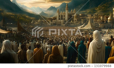 Vast crowd gathers before a golden city nestled among misty moun Vast crowd gathers before a golden city nestled among misty moun 131079988