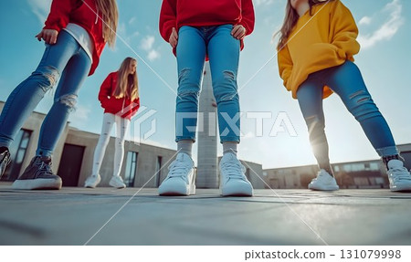 Low-Angle View of Four Young Women in Hoodies and Jeans Against Low-Angle View of Four Young Women in Hoodies and Jeans Against 131079998