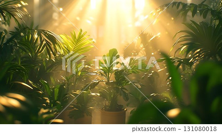 Sunlit Indoor Garden: Potted Plants Bathed in Golden Light and M 131080018