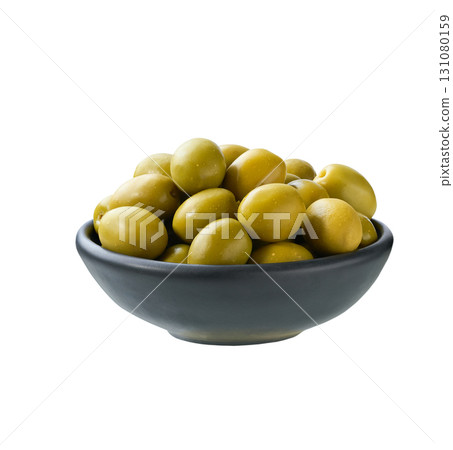 black bowl with pickled green olives isolated on a white background. 131080159