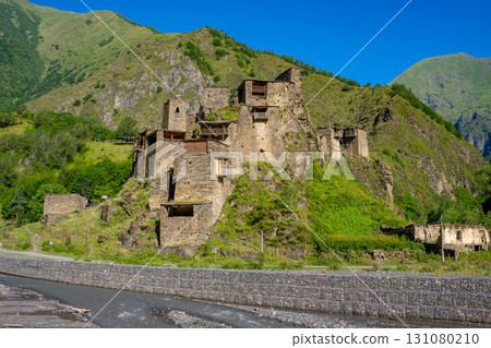 Old Fortress in mountain village Shatili, ruins of medieval castle. Khevsureti, Georgia 131080210