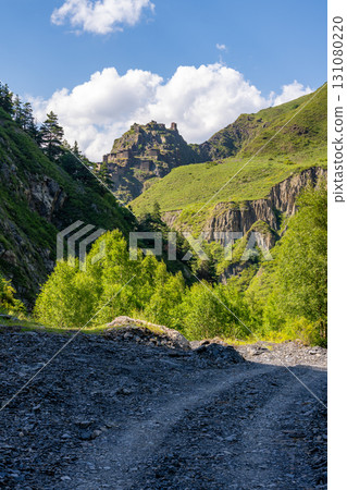 Ruined medieval village and fortress Mutso. Khevsureti, Georgia 131080220