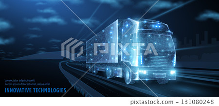 Truck. Abstract vector 3d heavy lorry van. Highway road. Isolated on blue. 131080248