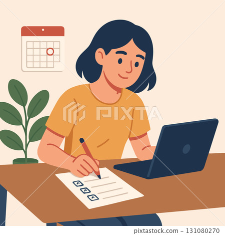 Woman overcoming procrastination working at office desk Woman overcoming procrastination working at office desk 131080270