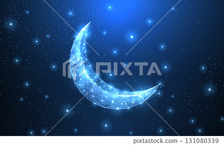 Vector crescent moon. Abstract polygonal wireframe on dark blue night sky background. Night symbol. Arabic, islamic, muslim, ramadan design Vector crescent moon. Abstract polygonal wireframe on dark blue night sky background. Night symbol. Arabic, islamic, muslim, ramadan design 131080339